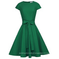 Belle Poque Retro Vintage Solid Color Cap Sleeve Crew Neck Verde Casual 50s Vintage Rockabilly Dresses BP000361-4